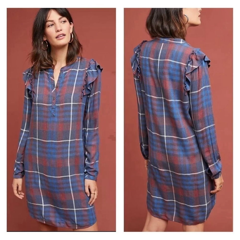 Anthropologie Cloth & Stone Large Shirt Dress Plaid Ruffle Shoulder Long Sleeve